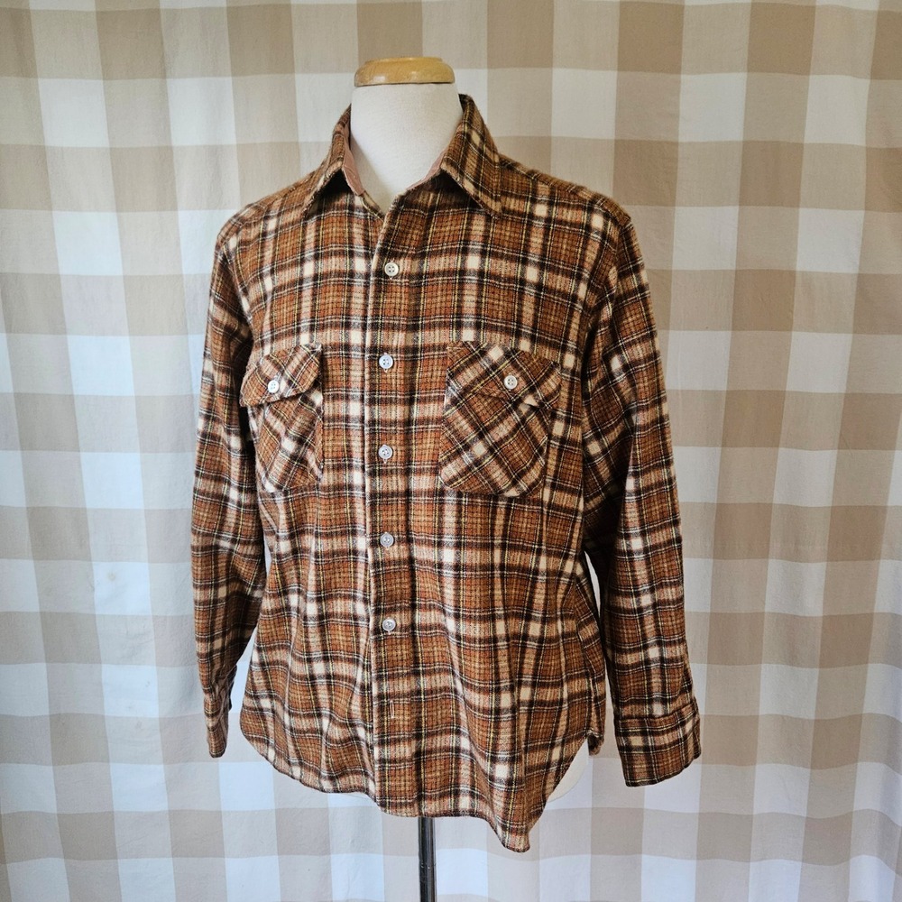Vtg 70s Arrow Brown Plaid Flannel Shirt L Wool Blend Button Long Sleeve Large